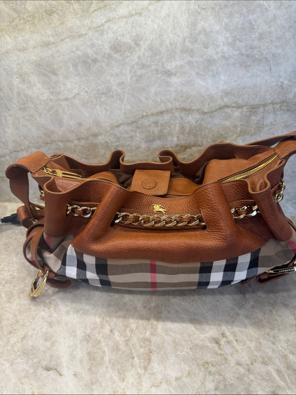 Burberry Designer-Style Brown Leather & Plaid Shoulder Bag
